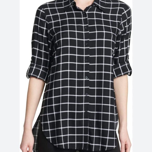 Calvin Klein Women's Black/White Windowpane Boyfriend Tunic Shirt ~ Medium - Picture 1 of 6